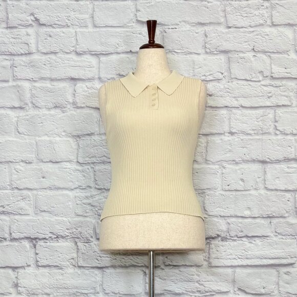 Nyland Cream Ribbed Sleeveless Polo Top - Picture 1 of 9